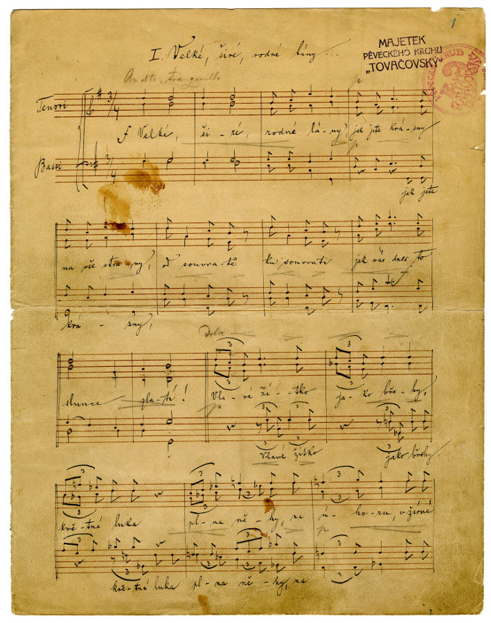 Autograf mužského sboru Velké, širé, rodné lány op. 37, č. 4, zdroj: Archiv Společnosti J. B. Foerstera