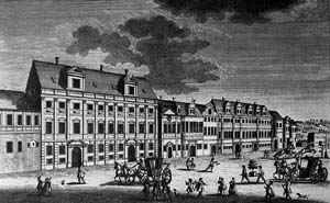 Rytina šporkovského paláce z roku 1740 (v dnešní Hybernské ulici)