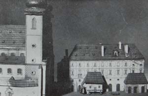Divadlo v Kotcích a část kostela sv. Havla z Langweilova modelu Prahy