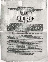 Divadelní cedule k provedení Zoppisovy opery Siroe 20. února 1754 v Divadle v Kotcích