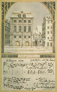 Původní budova lipského Gewandhausu (Mendelssohnův akvarel s vlastním zápisem)