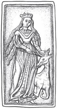 Panna Maria s jednorožcem, Velké Meziříčí, pol. 16. století, kachlový reliéf, kresba Čeňka Pavlíka
