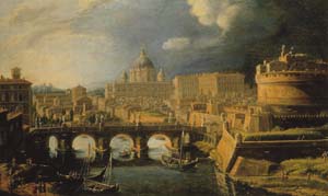 Andělský hrad a chrám sv. Petra v Římě v době, kdy v tomto městě pobýval Händel (Gaspar van Wittel)