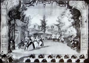 Představení Haydnovy opery L' incontro improviso v Esterháze roku 1775 (Haydn vlevo u cembala), foto archiv