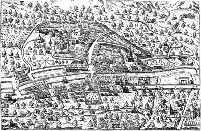 Lombardské městečko Piuro (domy č. 5 a 6 patřily Losyům), H. Ph. Walch, Norimberk 1619