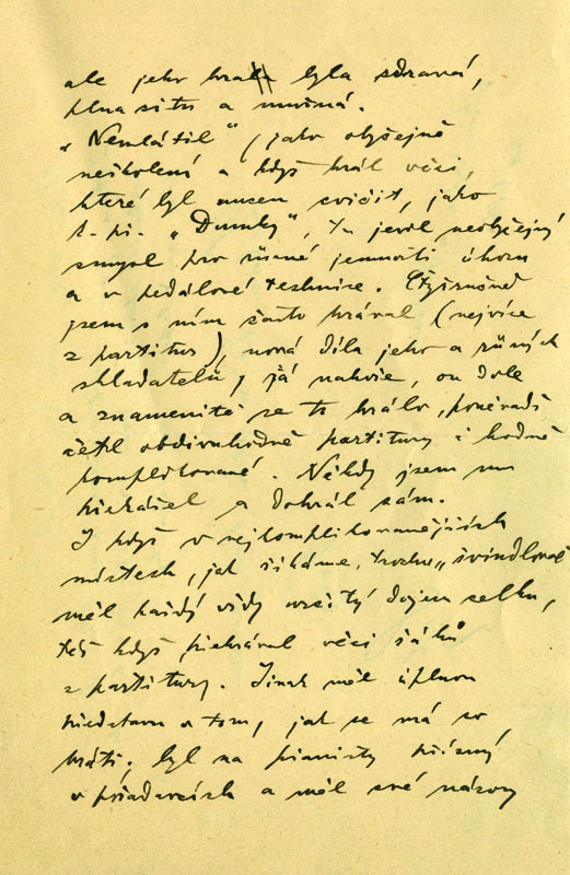 Dopis Josefa Suka Otakaru Šourkovi z července 1916, ve němž Suk popisuje Dvořákův způsob klavírní hry