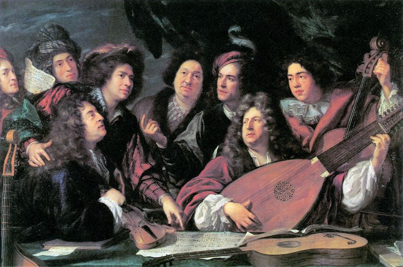 Potrét několika hudebníků a umělců (François Puget, 1688, Muzeum Louvre) Dvě hlavní postavy bývají označovány jako Jean-Baptiste Lully a Philippe Quinault