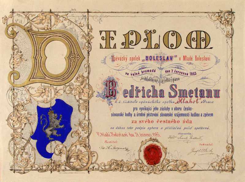 Diplom od spolku Boleslav, foto Národní muzeum Praha/České muzeum hudby/Muzeum Bedřicha Smetany