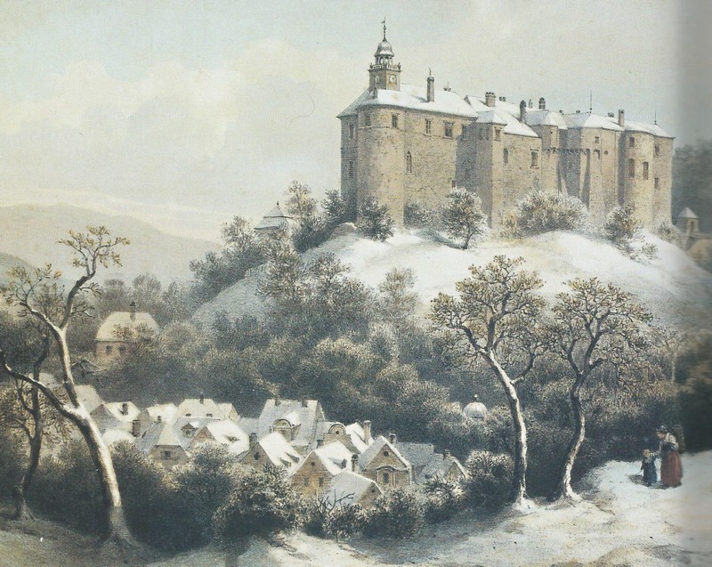 Javorník od severozápadu, kolem 1850, A. C. Haun, barevná litografie, převzato z knihy Vladimíra Brycha a Jana Rendeka Hrady a zámky na Moravě a ve Slezsku