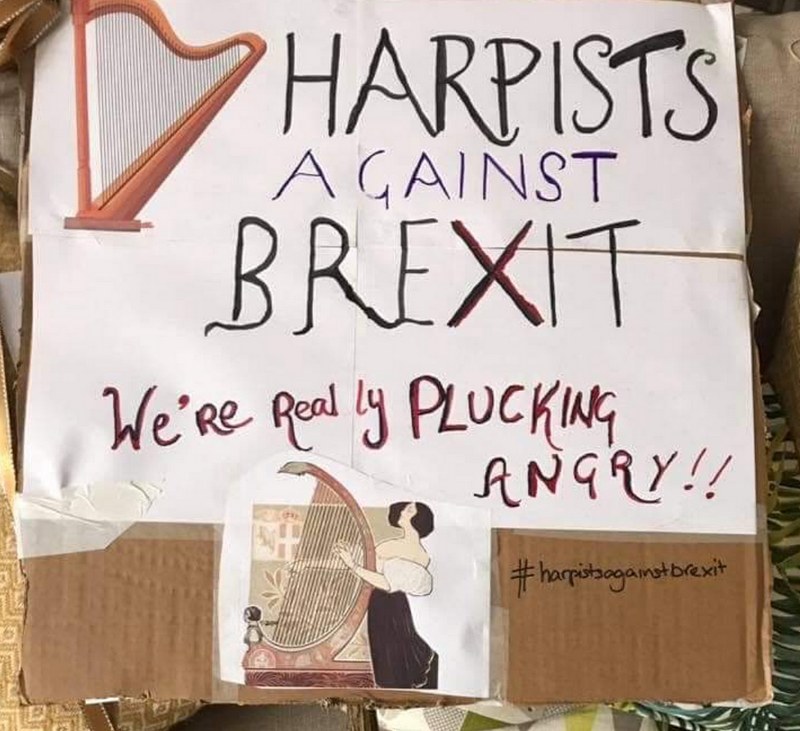 Transparent proti brexitu se slovní hříčkou poukazující na "rozladěnost" harfistů
