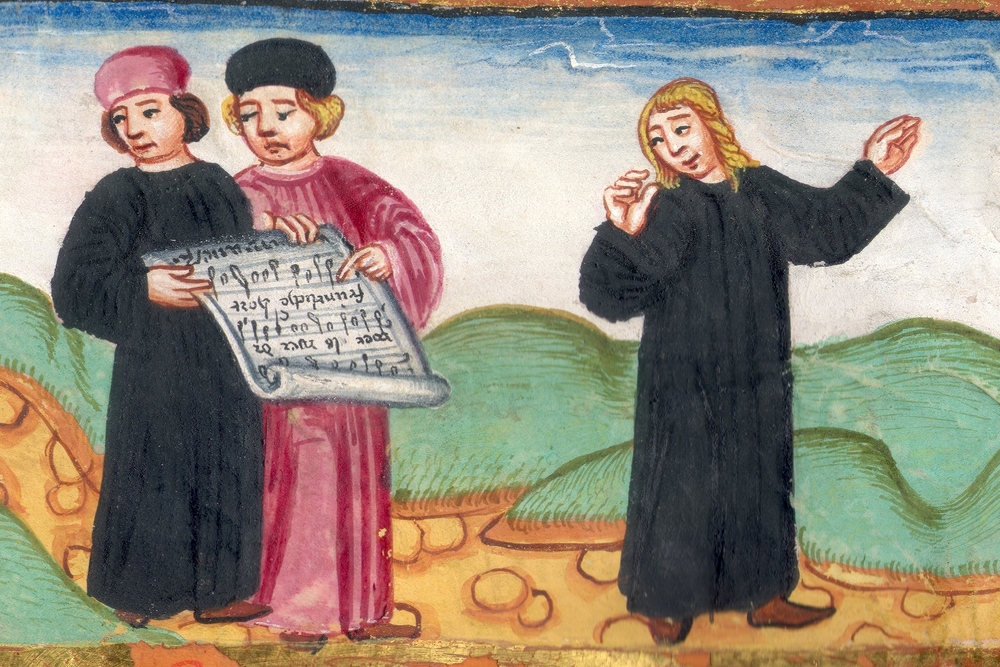 Freiburg University archive, UAF A 105/8151 “Statuta Colegii Sapientiae”, f. 19v. Illustration of students at a liturgy