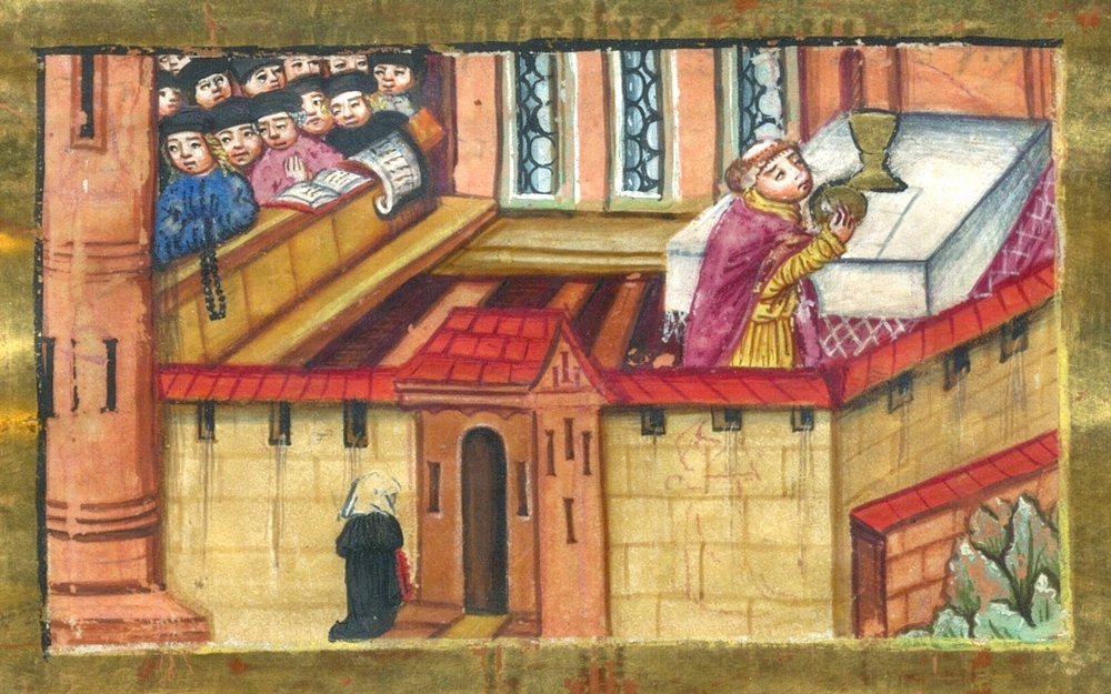 Freiburg, Universitätsarchiv, UAF A 105/8151 „Statuta Collegii Sapientiae“, f. 19v. Vyobrazení studentů na společné bohoslužbě 