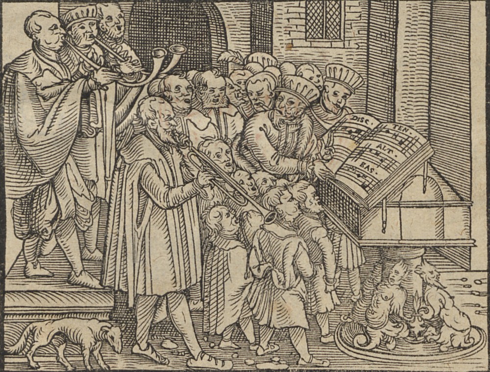 Kantor se zpívajícími žáky (H. Finck, Practica musica, 1556), foto FALKENSTEIN FOTO/Alamy Stock Photo