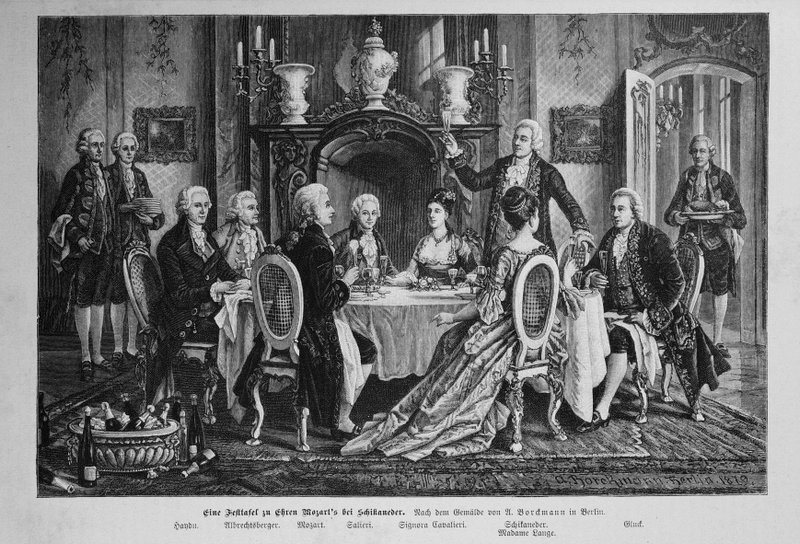 Banket na počest W. A. Mozarta u Schikanedera, dle Augusta Borckmanna. Salieri u stolu čtvrtý zleva.