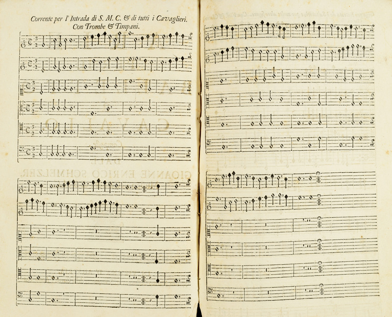 Johann Heinrich Schmelzer, Arie per il balletto à cavallo, nella festa rappresentata per le gloriosissime nozze delle SS. CC. MM.tà di Leopoldo Primo, Imperatore Augustissimo, et di Margherita Infanta di Spagna. Vienna, Matthäus Cosmerovin 1667. In: Sieg-Streit deß Lufft und Wasser, Vienna, Matthäus Cosmerovin, 1667.